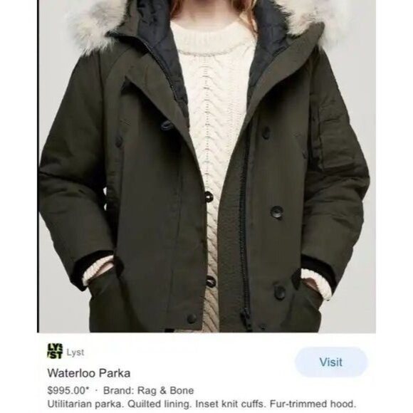 Rag & Bone Waterloo Parka Coat Down Jacket Real Fur Real Leather Olive Green - Picture 6 of 15